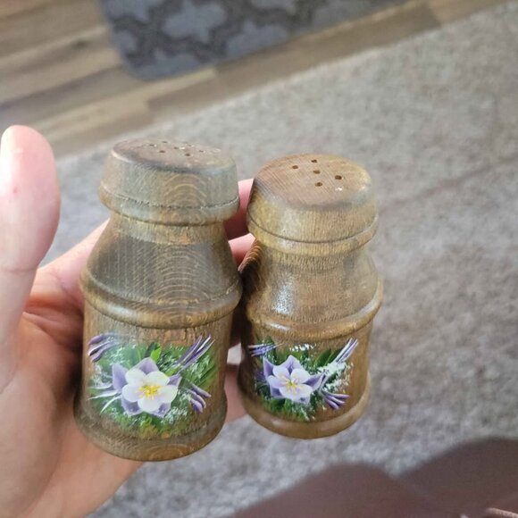 Pair of Vintage Wooden Salt and Pepper Shakers with Hand-Painted Flowers - Picture 2 of 2